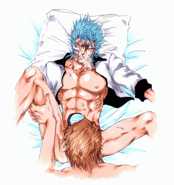 aizen sousuke, grimmjow jaegerjaquez, bleach, 00s, 2boys, abs, arrancar, bed sheet, blue hair, bottomless, breath, brown hair, closed eyes, fellatio, leg hold, male focus, multiple boys, number tattoo, oral, pillow, skull, sweat, tattoo, yaoi