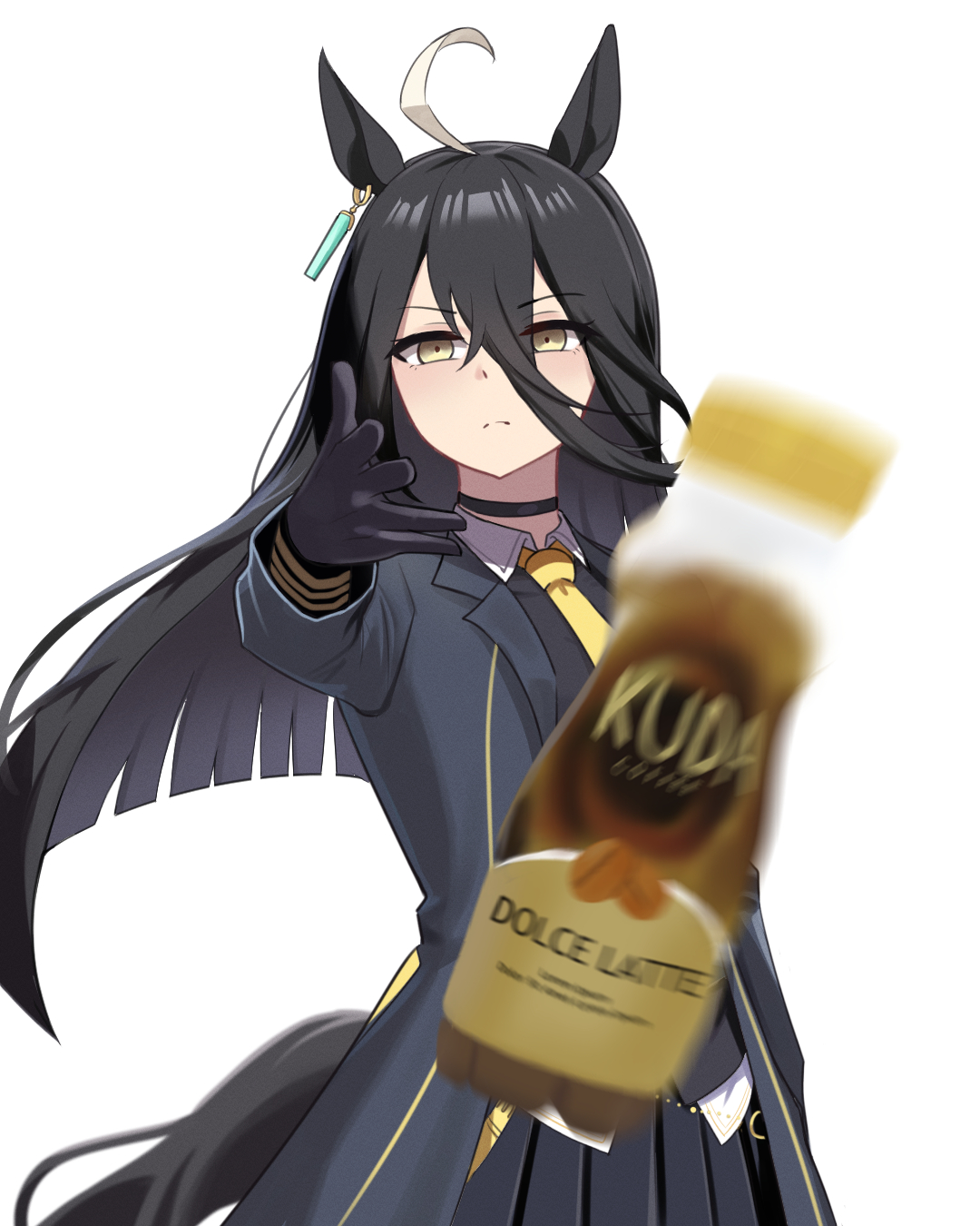 kanghak, manhattan cafe (umamusume), umamusume, highres, variant set, 1girl, ahoge, animal ears, black choker, black coat, black gloves, black hair, black skirt, black vest, blunt ends, choker, closed mouth, coat, coffee, collared shirt, ear ornament, ear tag, earrings, frown, gloves, hair between eyes, hand up, hem peeking out, horse ears, horse girl, horse tail, jewelry, long hair, long hair between eyes, long sleeves, looking at viewer, manhattan cafe (creeping shadow) (umamusume), meme, multicolored hair, necktie, open clothes, open coat, plastic bottle, pleated skirt, shirt, simple background, single earring, skirt, solo, tail, very long hair, vest, white background, white hair, white shirt, woe plague be upon ye (meme), yellow eyes, yellow necktie