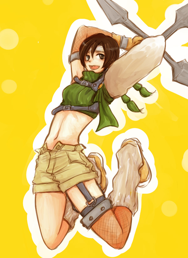 black locust, yuffie kisaragi, final fantasy, final fantasy vii, bad id, bad pixiv id, 1990s (style), armor, arms up, brown eyes, brown hair, headband, jumping, midriff, open fly, retro artstyle, short hair, shorts, shuriken, sleeveless, sleeveless turtleneck, smile, solo, turtleneck, unzipped, weapon