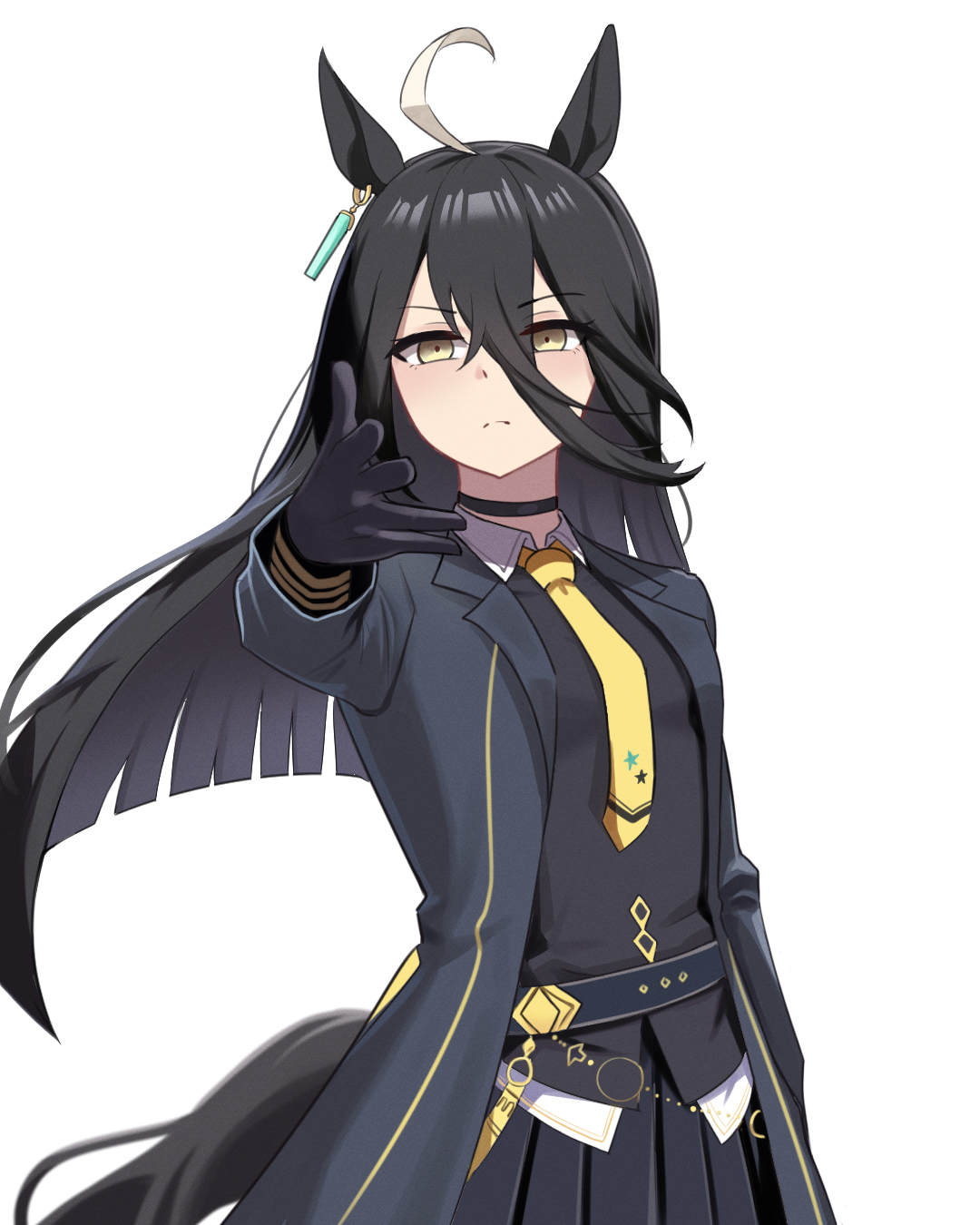 kanghak, manhattan cafe (umamusume), umamusume, highres, variant set, 1girl, ahoge, animal ears, belt, black belt, black choker, black coat, black gloves, black hair, black skirt, black vest, blunt ends, choker, closed mouth, coat, collared shirt, ear ornament, ear tag, earrings, frown, gloves, hair between eyes, hand up, hem peeking out, horse ears, horse girl, horse tail, jewelry, long hair, long hair between eyes, long sleeves, looking at viewer, manhattan cafe (creeping shadow) (umamusume), meme, multicolored hair, necktie, open clothes, open coat, pleated skirt, shirt, simple background, single earring, skirt, solo, tail, very long hair, vest, white background, white hair, white shirt, woe plague be upon ye (meme), yellow eyes, yellow necktie