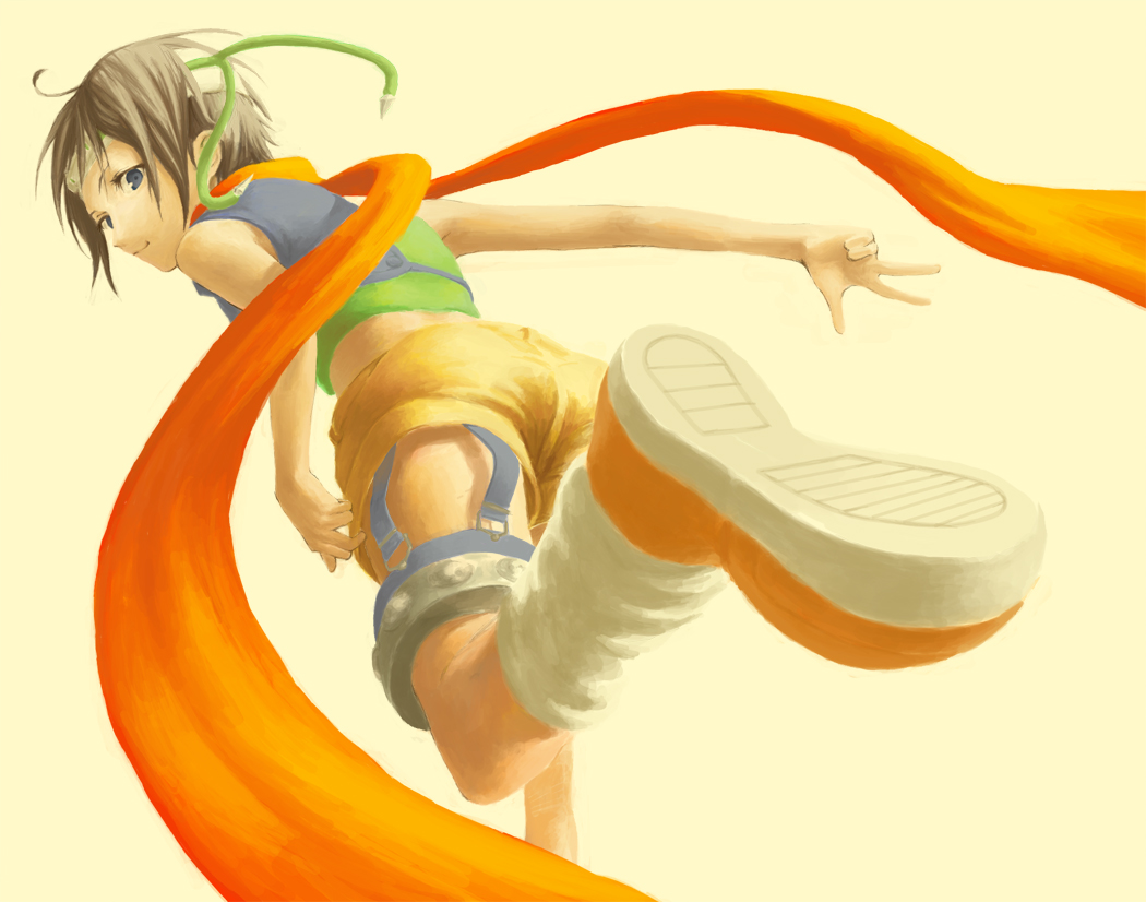 kenta hiroshi, yuffie kisaragi, final fantasy, final fantasy vii, 1990s (style), bare shoulders, brown hair, foreshortening, looking back, midriff, retro artstyle, running, scarf, short hair, shorts, sleeveless, sleeveless turtleneck, solo, turtleneck