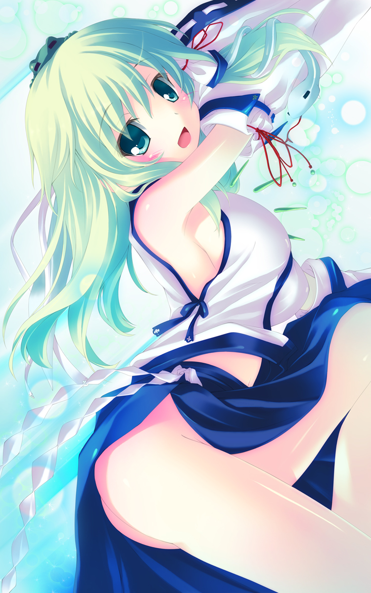 hinasaki you, kochiya sanae, touhou, highres, 1girl, ass, breasts, detached sleeves, female focus, frog, gohei, gradient background, green eyes, green hair, hair ornament, matching hair/eyes, no bra, no panties, open mouth, short hair, snake, solo
