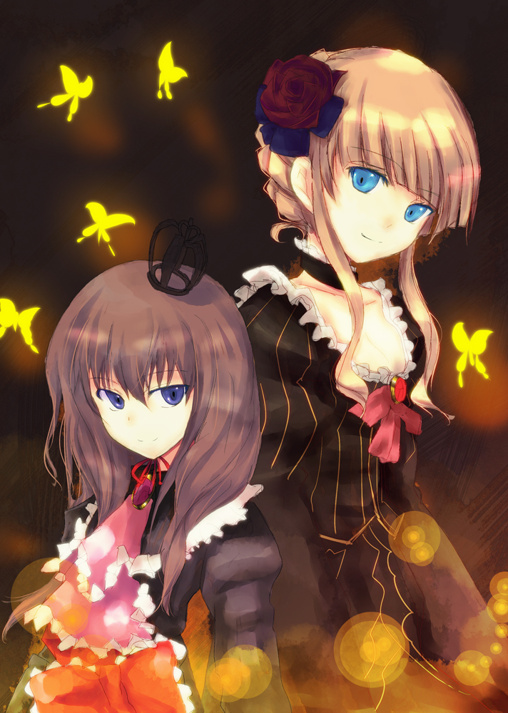 asagi (kabocha oukoku), hisago (pixiv), beatrice (umineko), maria (umineko), umineko no naku koro ni, bad id, bad pixiv id, 00s, 2girls, blonde hair, blue eyes, bow, bug, butterfly, choker, dress, frills, insect, multiple girls, pink bow, red hair, ribbon, short hair
