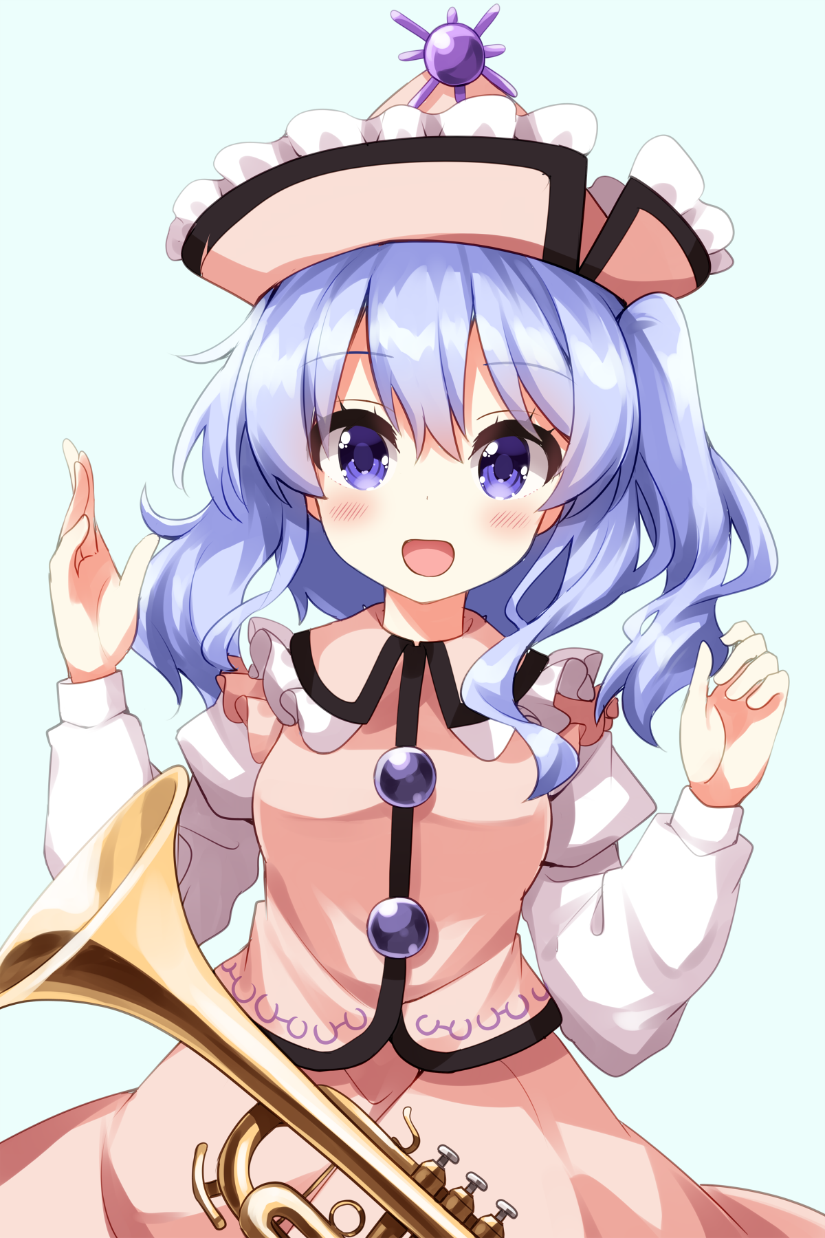 ruu (tksymkw), merlin prismriver, touhou, commentary request, highres, 1girl, :d, blush, collared vest, cowboy shot, frilled hat, frilled shirt collar, frills, hands up, hat, instrument, juliet sleeves, long sleeves, looking at viewer, medium hair, open mouth, pink hat, pink skirt, pink vest, puffy sleeves, purple eyes, purple hair, shirt, skirt, skirt set, smile, solo, trumpet, vest, white shirt
