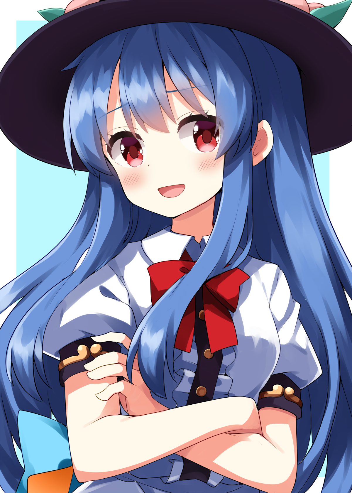 ruu (tksymkw), hinanawi tenshi, touhou, commentary request, highres, 1girl, :d, black hat, blue background, blue hair, blush, border, bow, bowtie, center frills, collared shirt, crossed arms, frills, hat, long hair, looking at viewer, open mouth, outside border, peach hat ornament, red bow, red bowtie, red eyes, shirt, short sleeves, simple background, smile, solo, upper body, white border, white shirt