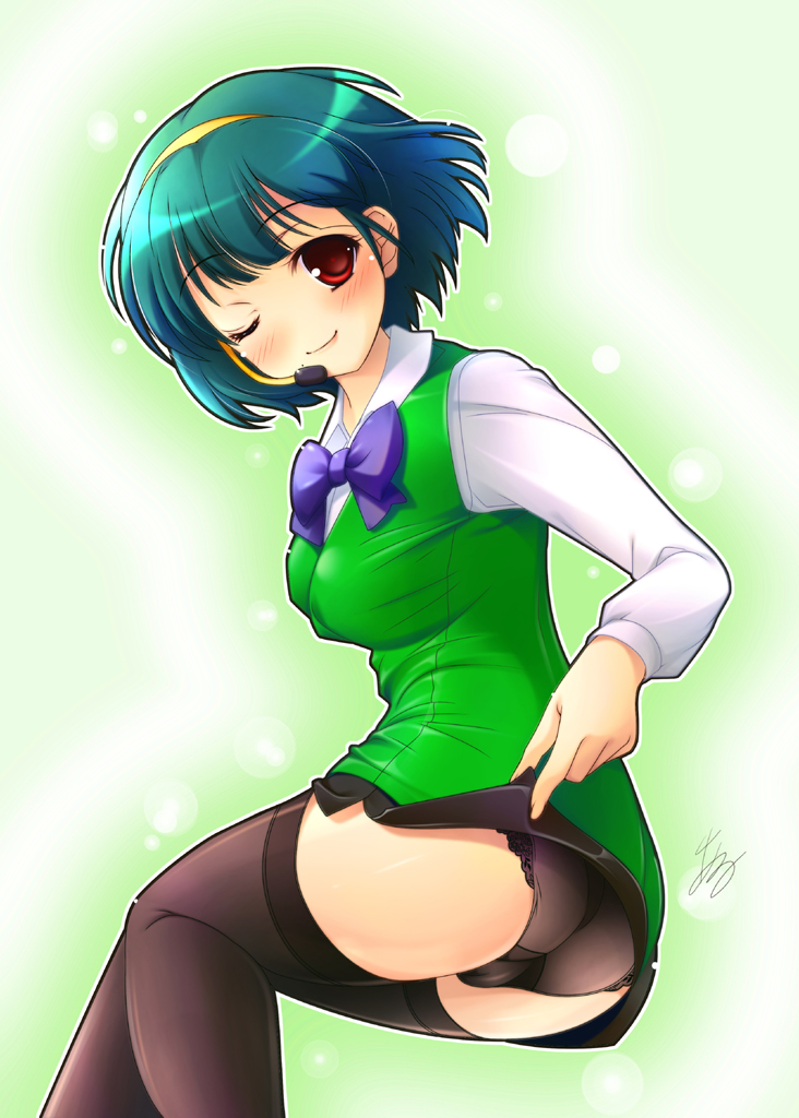 al azif (artist), aru (abyssinia), otonashi kotori, idolmaster, idolmaster (classic), 00s, 1girl, ass, clothes lift, female focus, green hair, hairband, headset, lingerie, microphone, miniskirt, mole, mole under mouth, one eye closed, panties, red eyes, short hair, skirt, skirt lift, solo, thighhighs, underwear, upskirt, wink, zettai ryouiki