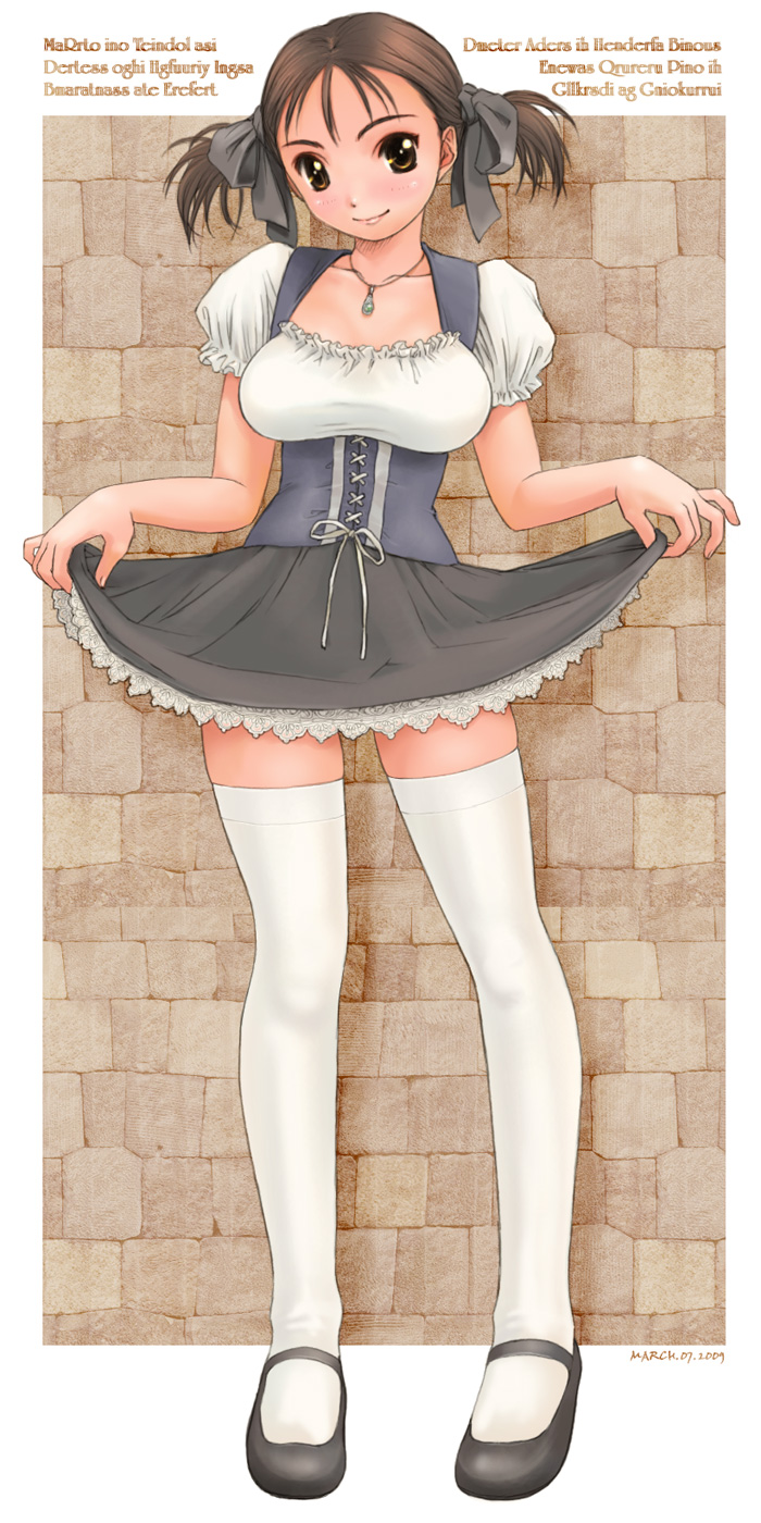 ishida masatsuki, original, bad id, bad pixiv id, highres, 1girl, brown eyes, brown hair, collarbone, corset, dress, female focus, hair ribbon, jewelry, legs, lips, necklace, ribbon, short hair, short twintails, solo, thighhighs, twintails, zettai ryouiki