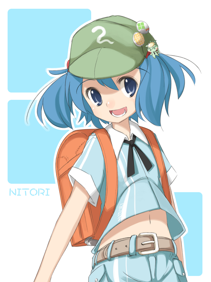 shouji ayumu, kawashiro nitori, team shanghai alice, touhou, bad id, bad pixiv id, highres, 1girl, alternate costume, backpack, bag, blue eyes, blue hair, casual, child, contemporary, female focus, hat, matching hair/eyes, midriff, navel, randoseru, short hair, smile, solo, twintails, two side up
