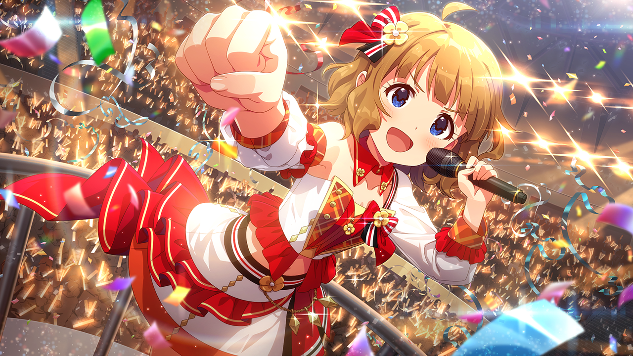 suou momoko, idolmaster, idolmaster million live!, idolmaster million live! theater days, game cg, official art, ahoge, asymmetrical sleeves, blue eyes, brown hair, buttons, confetti, detached collar, glowstick, hair ornament, holding, holding microphone, idol, idol clothes, microphone, open mouth, railing, skirt, stage lights