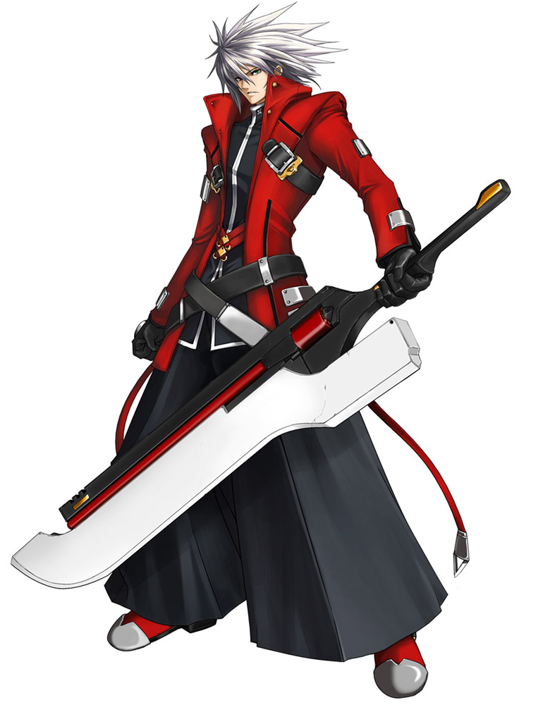 mori toshimichi, ragna the bloodedge, arc system works, blazblue, blazblue: calamity trigger, official art, 1boy, belt, black pants, boots, cable, frown, full body, gloves, green eyes, hakama, hakama pants, heterochromia, huge weapon, jacket, japanese clothes, male focus, open clothes, open jacket, pants, red eyes, short hair, simple background, solo, spiked hair, standing, strap, sword, weapon, white hair