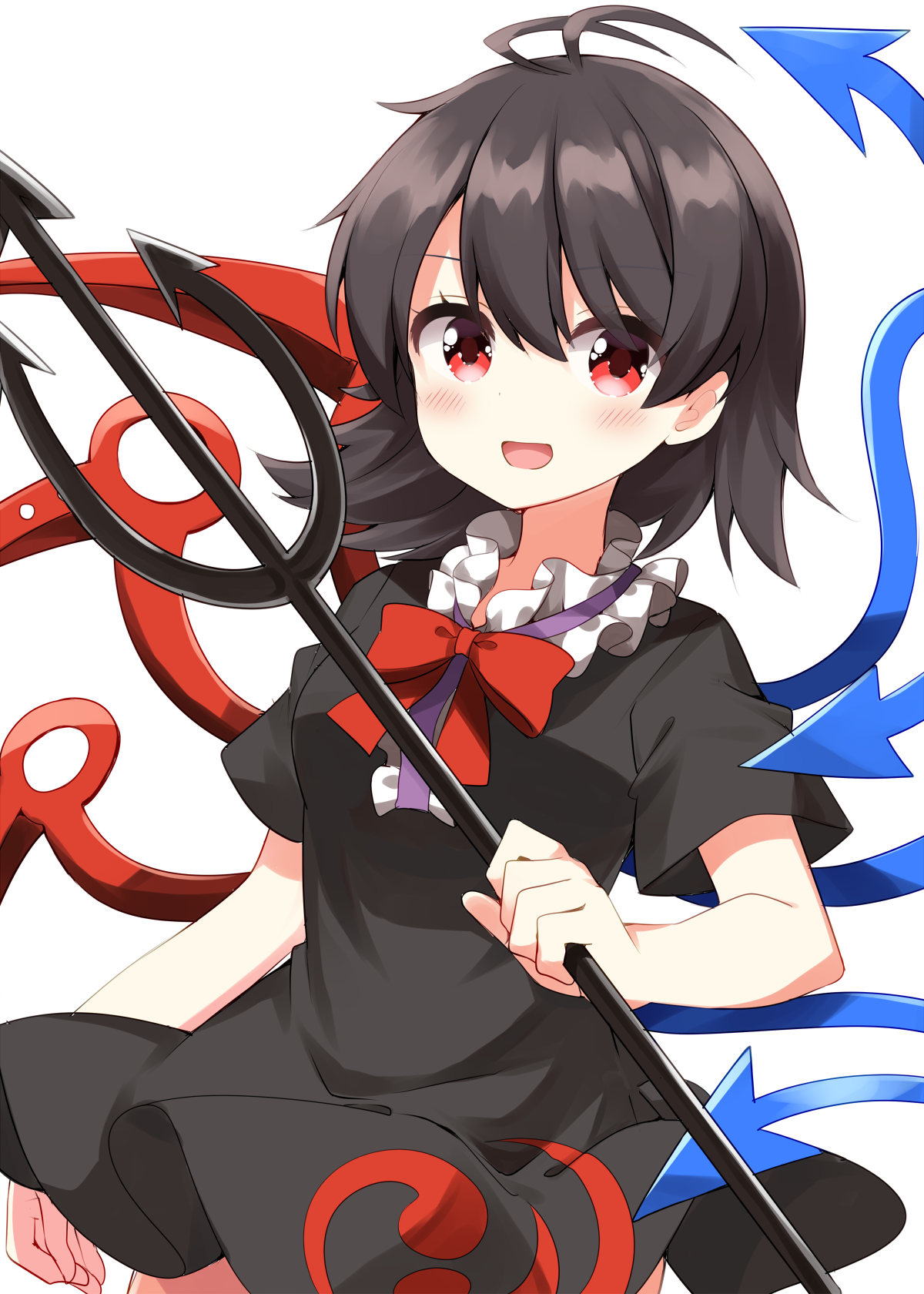 ruu (tksymkw), houjuu nue, touhou, commentary request, highres, 1girl, :d, asymmetrical wings, black dress, black hair, blue wings, blush, bow, bowtie, center frills, cowboy shot, dress, frills, holding, holding polearm, holding weapon, looking at viewer, open mouth, polearm, red bow, red bowtie, red eyes, red wings, short dress, short hair, short sleeves, simple background, smile, solo, tomoe (symbol), trident, weapon, white background, wings