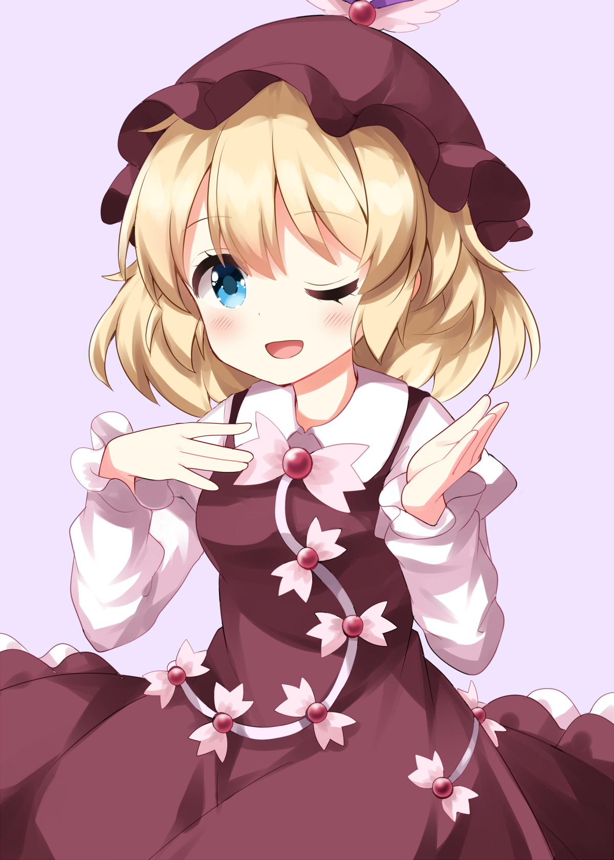 ruu (tksymkw), alice margatroid, mystia lorelei, touhou, commentary request, highres, 1girl, ;d, blonde hair, blue eyes, blush, brown dress, brown hat, cosplay, dress, hands up, hat, long sleeves, looking at viewer, mystia lorelei (cosplay), one eye closed, open mouth, purple background, short hair, simple background, smile, solo, upper body, winged hat