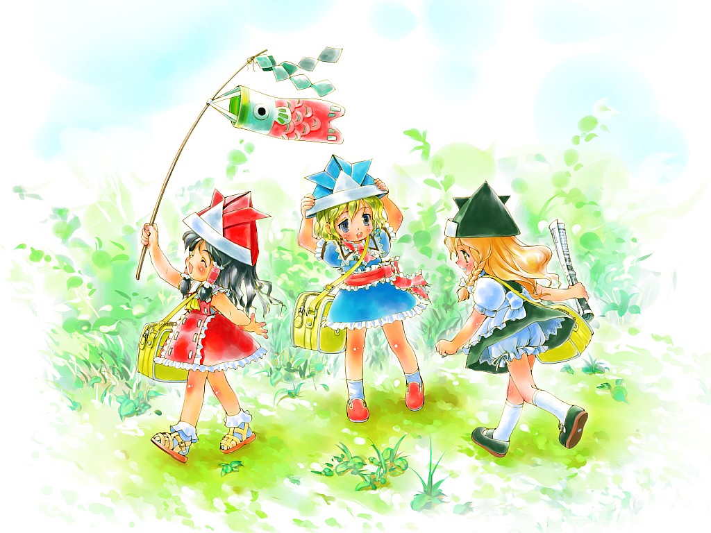 chikin, alice margatroid, hakurei reimu, kirisame marisa, touhou, 3girls, aged down, black hair, blonde hair, blue eyes, braid, female focus, hat, kodomo no hi, koinobori, multiple girls, nature, newspaper, outdoors, paper hat, paper kabuto, plant, short hair, sky, socks, underwear, windsock, yellow eyes