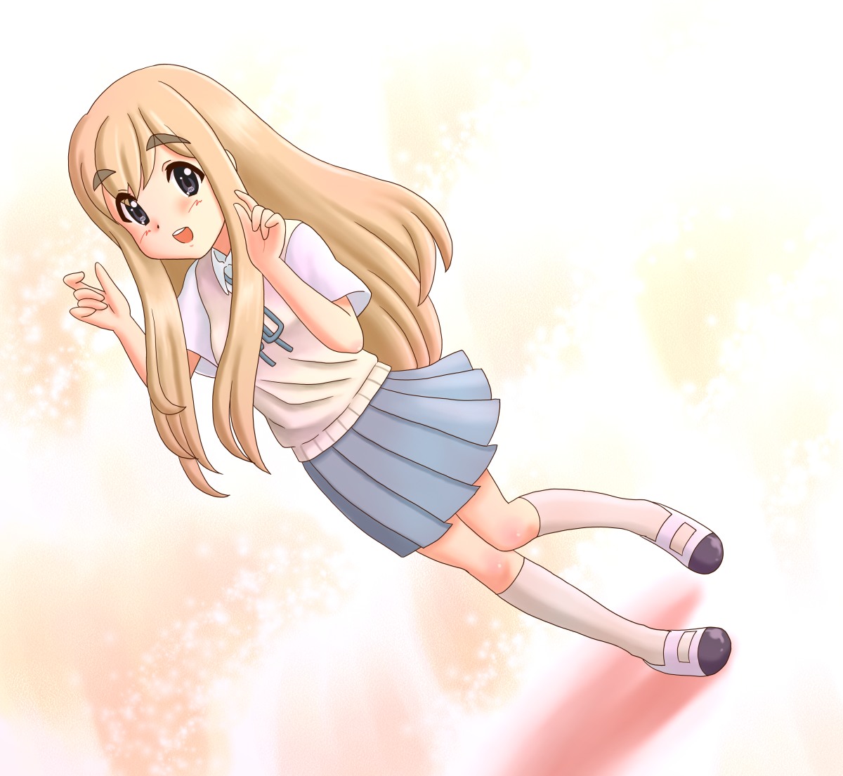 chunpai, kotobuki tsumugi, k-on!, 00s, 1girl, black eyes, blonde hair, dutch angle, female focus, full body, gradient background, long hair, school uniform, shoes, solo, uwabaki