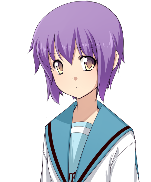 nakamura kusata, nagato yuki, suzumiya haruhi no yuuutsu, bad id, bad pixiv id, 00s, 1girl, brown eyes, female focus, purple hair, school uniform, serafuku, short hair, solo, transparent background