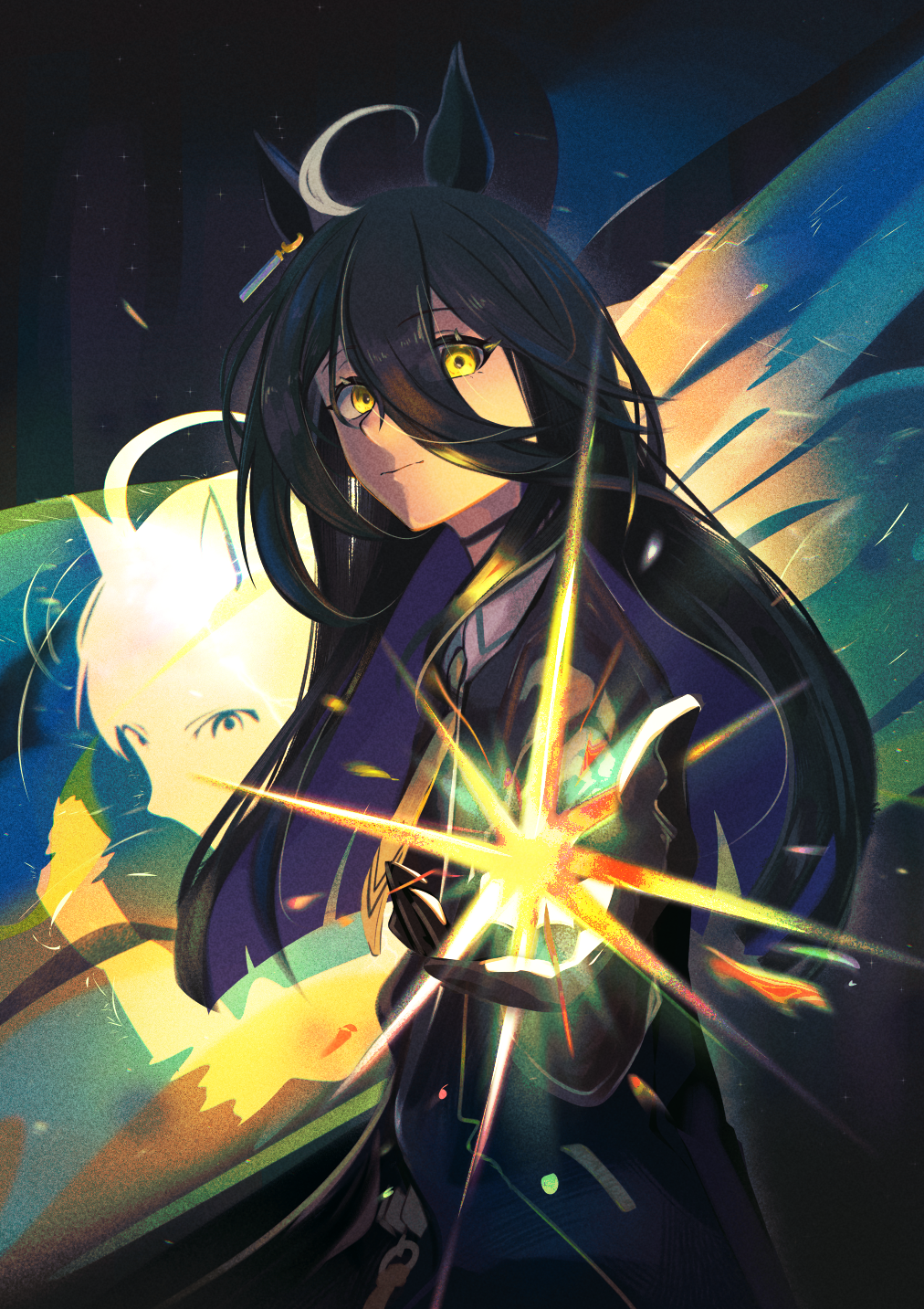 manhattan cafe (umamusume), umamusume, highres, 1girl, ahoge, animal ears, black choker, black coat, black gloves, black hair, black vest, choker, closed mouth, coat, collared shirt, gloves, hair between eyes, hem peeking out, horse ears, horse girl, houya hafu, long hair, long hair between eyes, long sleeves, looking at viewer, manhattan cafe (creeping shadow) (umamusume), multicolored hair, shirt, solo, very long hair, vest, white hair, white shirt, yellow eyes