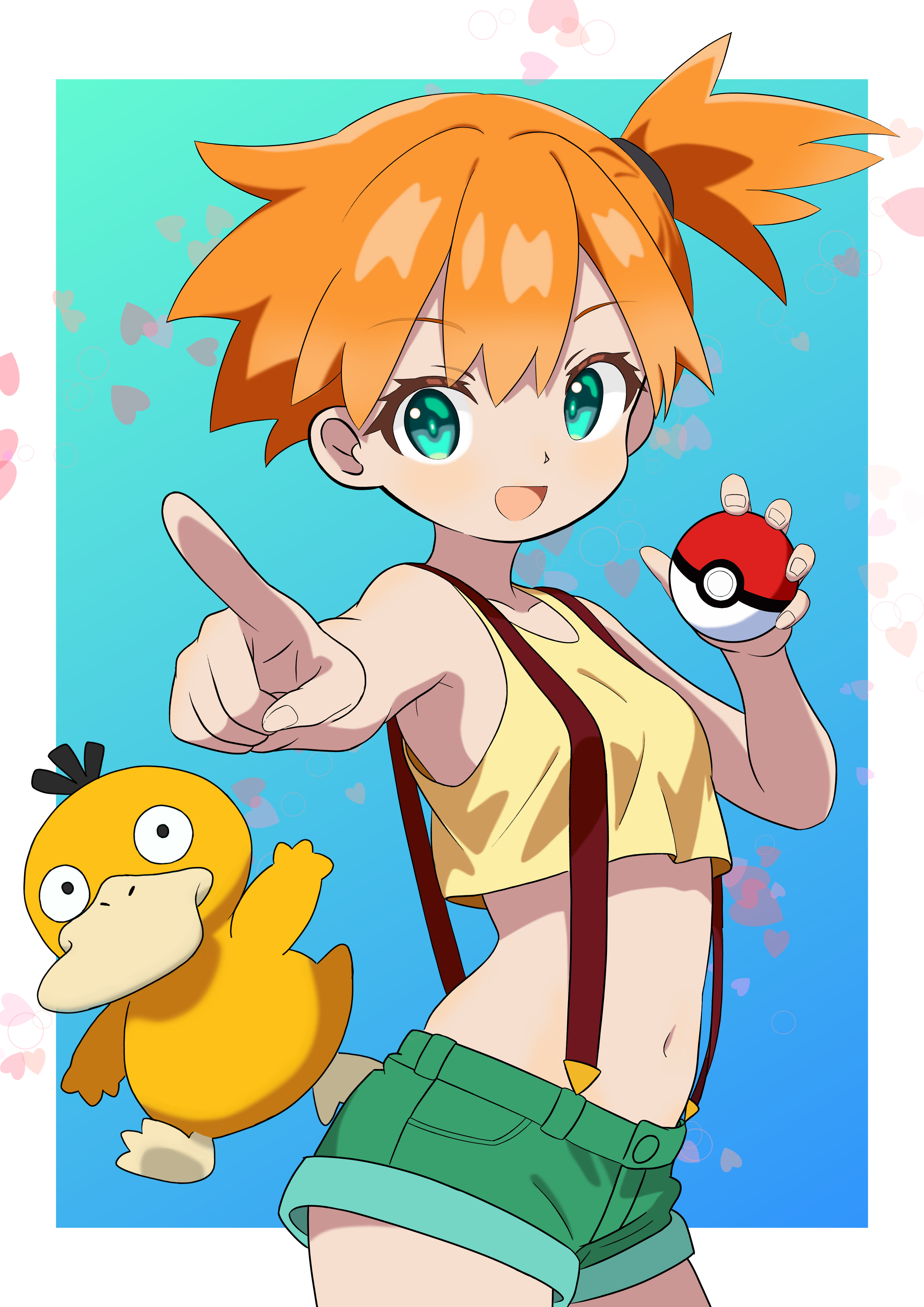 soramame (mvfn8342), misty (pokemon), psyduck, nintendo, pokemon, pokemon (anime), pokemon (classic anime), absurdres, commentary request, highres, 1girl, :d, border, cropped shirt, eyelashes, gen 1 pokemon, green eyes, green shorts, holding, holding poke ball, looking at viewer, navel, open mouth, orange hair, outside border, pointing, poke ball, poke ball (basic), pokemon (creature), shirt, short shorts, shorts, sleeveless, sleeveless shirt, smile, suspenders, white border, yellow shirt