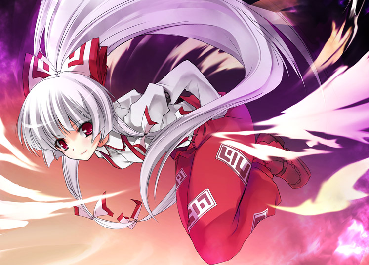 won (az hybrid), fujiwara no mokou, touhou, 1girl, female focus, full body, gradient background, long hair, ponytail, red eyes, solo, white hair