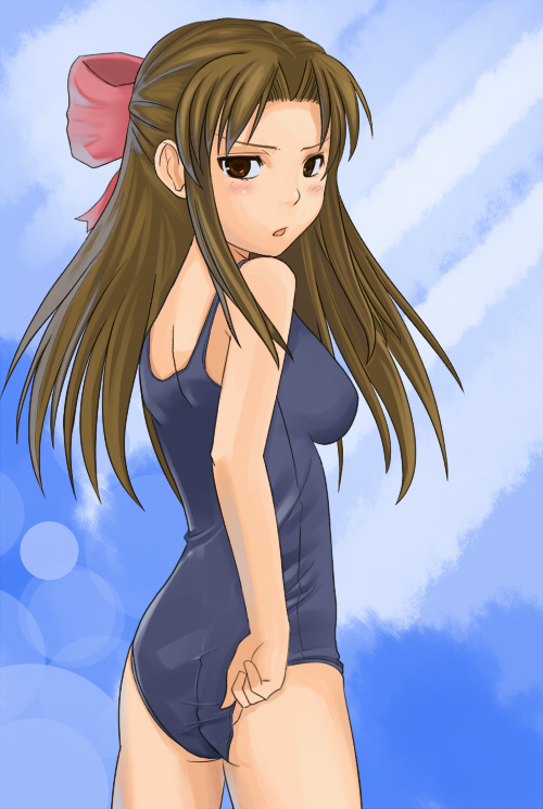 avocado (artist), ogasawara akiko, taishou yakyuu musume, bad id, bad pixiv id, 00s, 1girl, adjusting clothes, adjusting swimsuit, anachronism, brown eyes, brown hair, female focus, half updo, long hair, one-piece swimsuit, school swimsuit, solo, swimsuit
