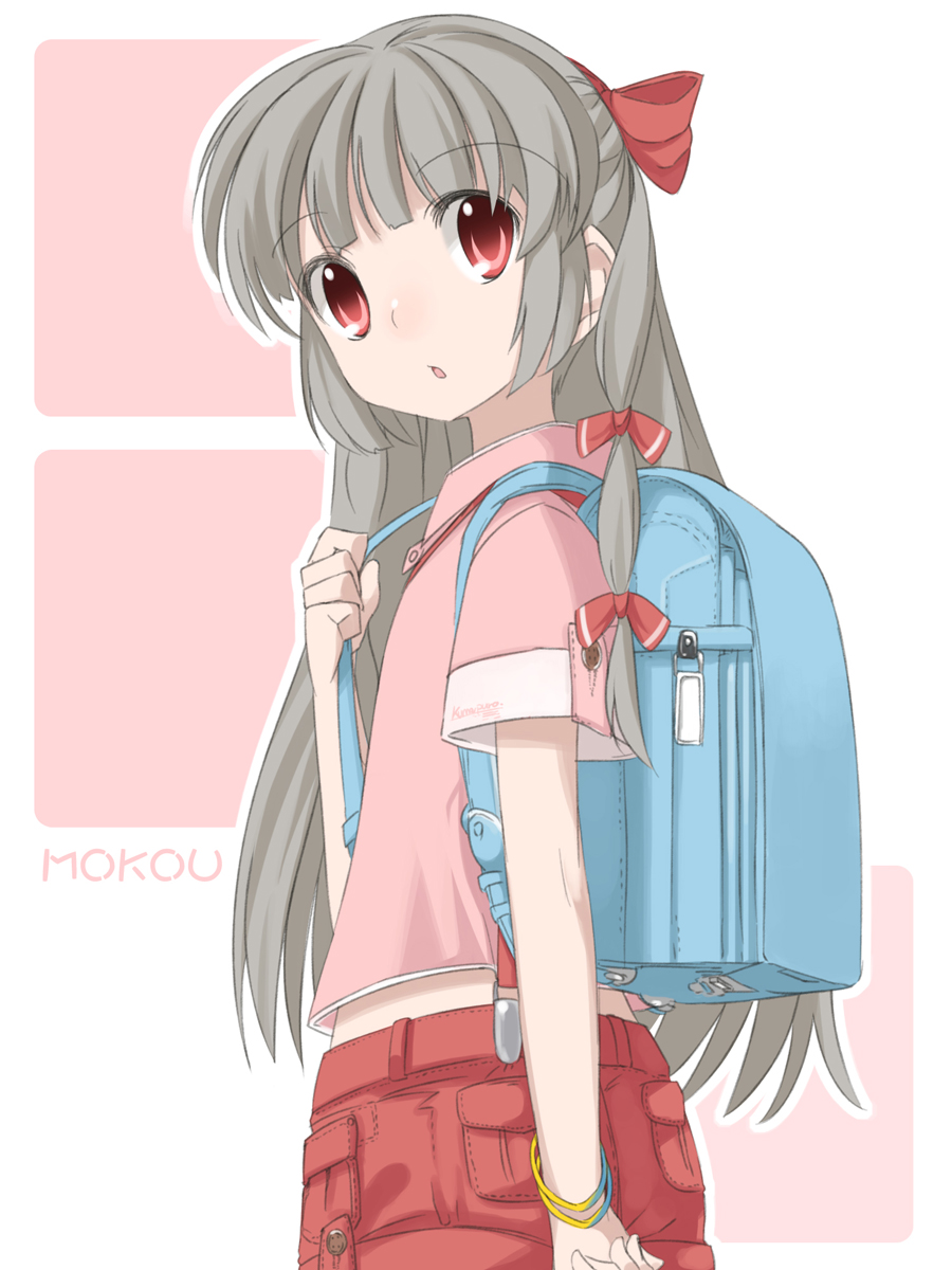shouji ayumu, fujiwara no mokou, team shanghai alice, touhou, silver hair, bad id, bad pixiv id, highres, 1girl, :o, aged down, alternate costume, backpack, bag, bow, bracelet, child, contemporary, female focus, hair bow, hair ribbon, jewelry, long hair, multiple hair bows, pocket, randoseru, red eyes, ribbon, solo, suspenders