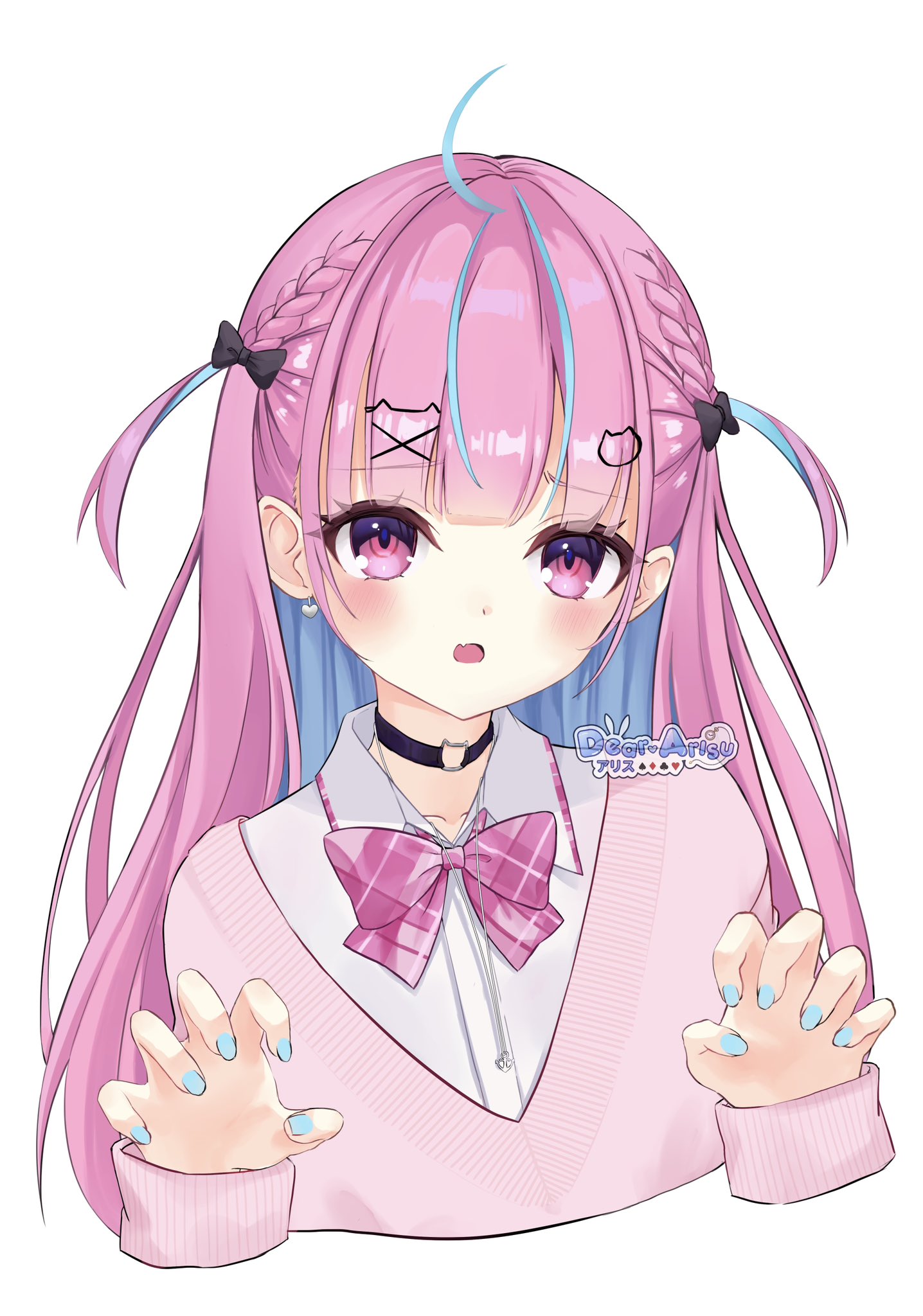 dear arisu, minato aqua, minato aqua (school uniform), hololive, commentary, highres, symbol-only commentary, 1girl, :o, ahoge, black bow, black choker, blue hair, blue nails, blue streaks, blush, bow, braid, cat choker, cat hair ornament, choker, colored inner hair, cropped torso, fang, fingernails, hair bow, hair ornament, hands up, long hair, looking at viewer, multicolored hair, nail polish, official alternate costume, open mouth, pink hair, pink sweater, shirt, simple background, skin fang, solo, streaked hair, sweater, two-tone hair, two side up, virtual youtuber, white background, white shirt, wispy bangs, x hair ornament