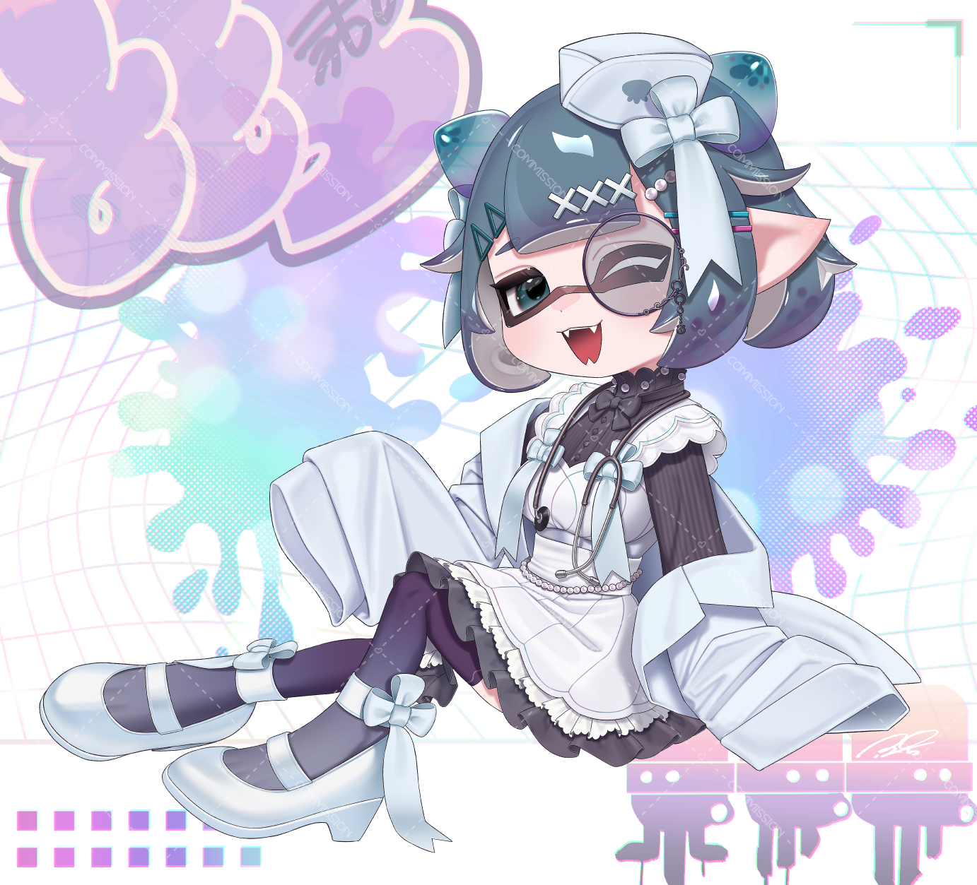 puchiman, inkling girl, inkling player character, indie virtual youtuber, nintendo, splatoon (series), commentary, commission, highres, skeb commission, symbol-only commentary, 1girl, ;d, apron, aqua eyes, aqua hair, beads, black bow, black bowtie, black dress, blue jacket, blue shoes, bow, bowtie, dress, fangs, full body, gradient hair, hair beads, hair bow, hair horns, hair ornament, hat, inkling, jacket, long sleeves, looking at viewer, mini hat, monocle, multicolored hair, one eye closed, open clothes, open jacket, open mouth, pointy ears, purple hair, purple thighhighs, shoes, short hair, signature, sleeves past fingers, sleeves past wrists, smile, solo, stethoscope around neck, tentacle hair, thighhighs, virtual youtuber, white apron, white bow, white hat, x hair ornament