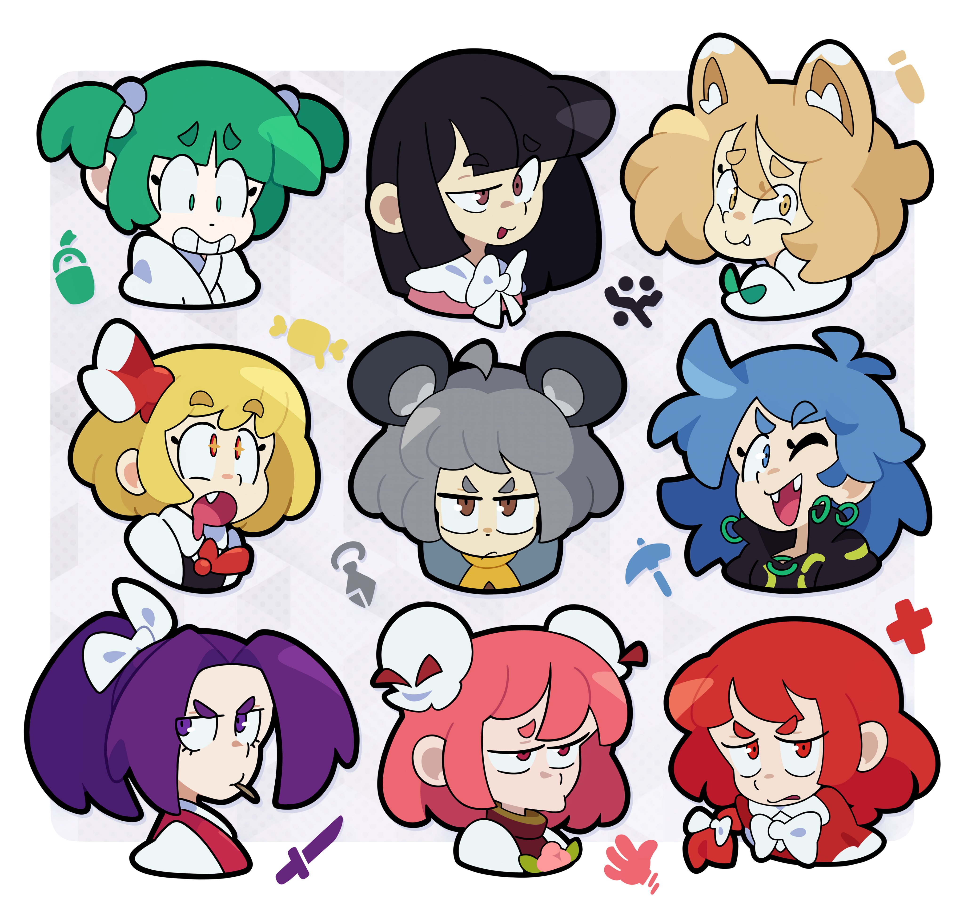 maletoh, himemushi momoyo, houraisan kaguya, ibaraki kasen, kisume, kudamaki tsukasa, meira (touhou), nazrin, okazaki yumemi, rumia, touhou, touhou (pc-98), absurdres, highres, 6+girls, animal ears, black hair, blonde hair, blue eyes, blue hair, bow, brown eyes, brown hair, double bun, drooling, fang, fox ears, green eyes, green hair, grey hair, hair bun, hair ribbon, mouse ears, mouth drool, mouth hold, multiple expressions, multiple girls, one eye closed, pink eyes, pink hair, ponytail, purple eyes, purple hair, red hair, red ribbon, ribbon, scared, serious, smile, sparkling eyes, stalk in mouth, thick eyebrows, tongue, tongue out, twintails, v-shaped eyebrows, white bow, yellow eyes