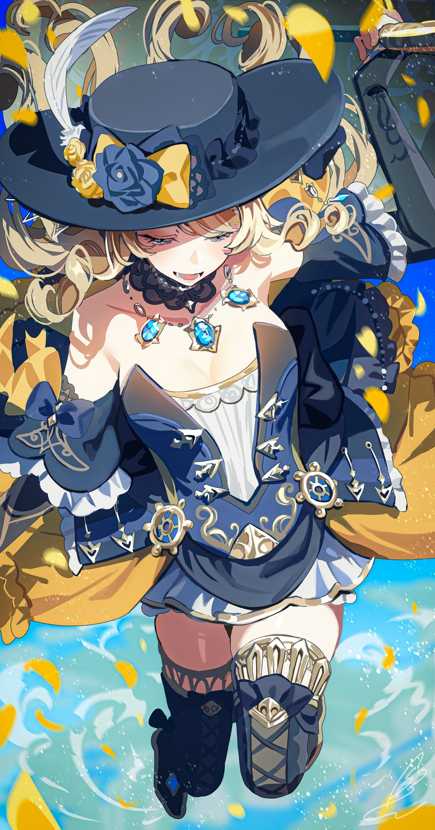 shibuki kamone, navia (genshin impact), genshin impact, highres, revision, 1girl, black flower, black hat, black rose, black sleeves, blonde hair, blue gemstone, blue sky, boots, breasts, closed eyes, detached sleeves, dress, drill hair, drill sidelocks, flower, fold-over gloves, gem, hat, hat feather, hat flower, holding, holding umbrella, lace-trimmed collar, lace trim, light particles, medium breasts, midair, open mouth, rose, ship's wheel ornament, sidelocks, sky, solo, strapless, strapless dress, thigh boots, umbrella, yellow flower, yellow rose