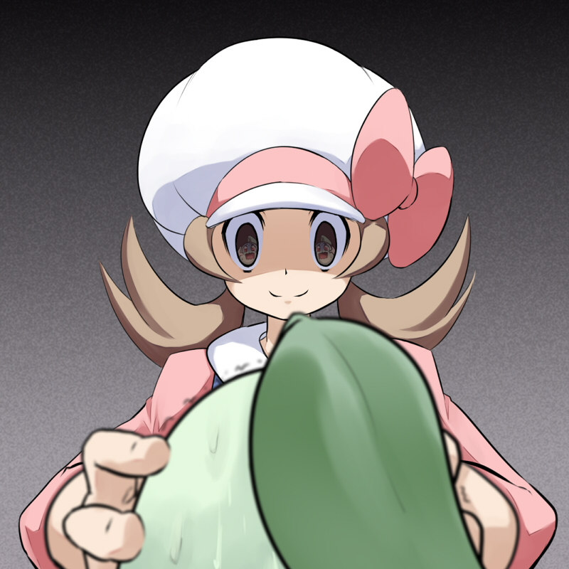 muumuu, chikorita, lyra (pokemon), nintendo, pokemon, pokemon hgss, bad id, bad pixiv id, 00s, 1girl, blurry, brown eyes, brown hair, creepy, depth of field, empty eyes, eye reflection, false smile, foreshortening, gen 2 pokemon, hat, hat ribbon, head grab, newsboy cap, pink ribbon, pokemon (creature), red eyes, reflection, ribbon, scared, short twintails, smile, sweat, trembling, twintails, yandere, you gonna get raped