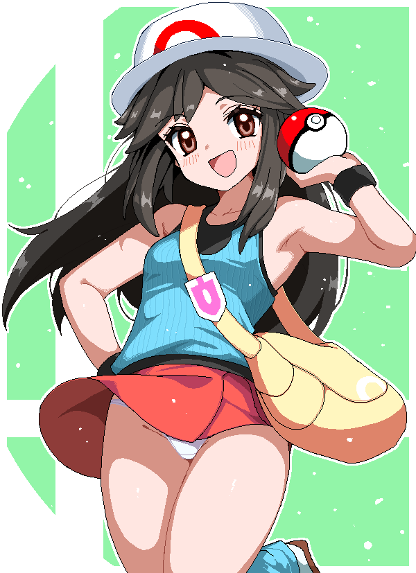 leaf (pokemon), nintendo, pokemon, pokemon frlg, commentary request, 1girl, :d, bag, blue leg warmers, blue shirt, blush, brown eyes, brown hair, eyelashes, green background, hand up, holding, holding poke ball, leg warmers, long hair, open mouth, panties, poke ball, poke ball (basic), red skirt, shirt, shoes, shoulder bag, sidelocks, skirt, sleeveless, sleeveless shirt, smile, solo, tily (kvwz3822), underwear, vs seeker, white panties, white shoes, wristband, yellow bag