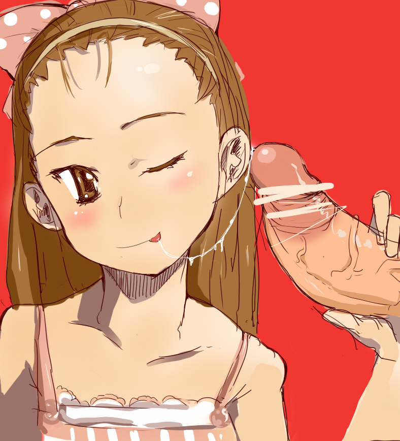 haitukun, minase iori, idolmaster, idolmaster (classic), bad id, bad pixiv id, 00s, 1girl, after fellatio, aftersex, blush, brown hair, censored, clothed sex, cum, cum string, cumdrip, fellatio, hairband, handjob, happy sex, hetero, loli, long hair, one eye closed, oral, penis, sketch, smile, solo focus, wink