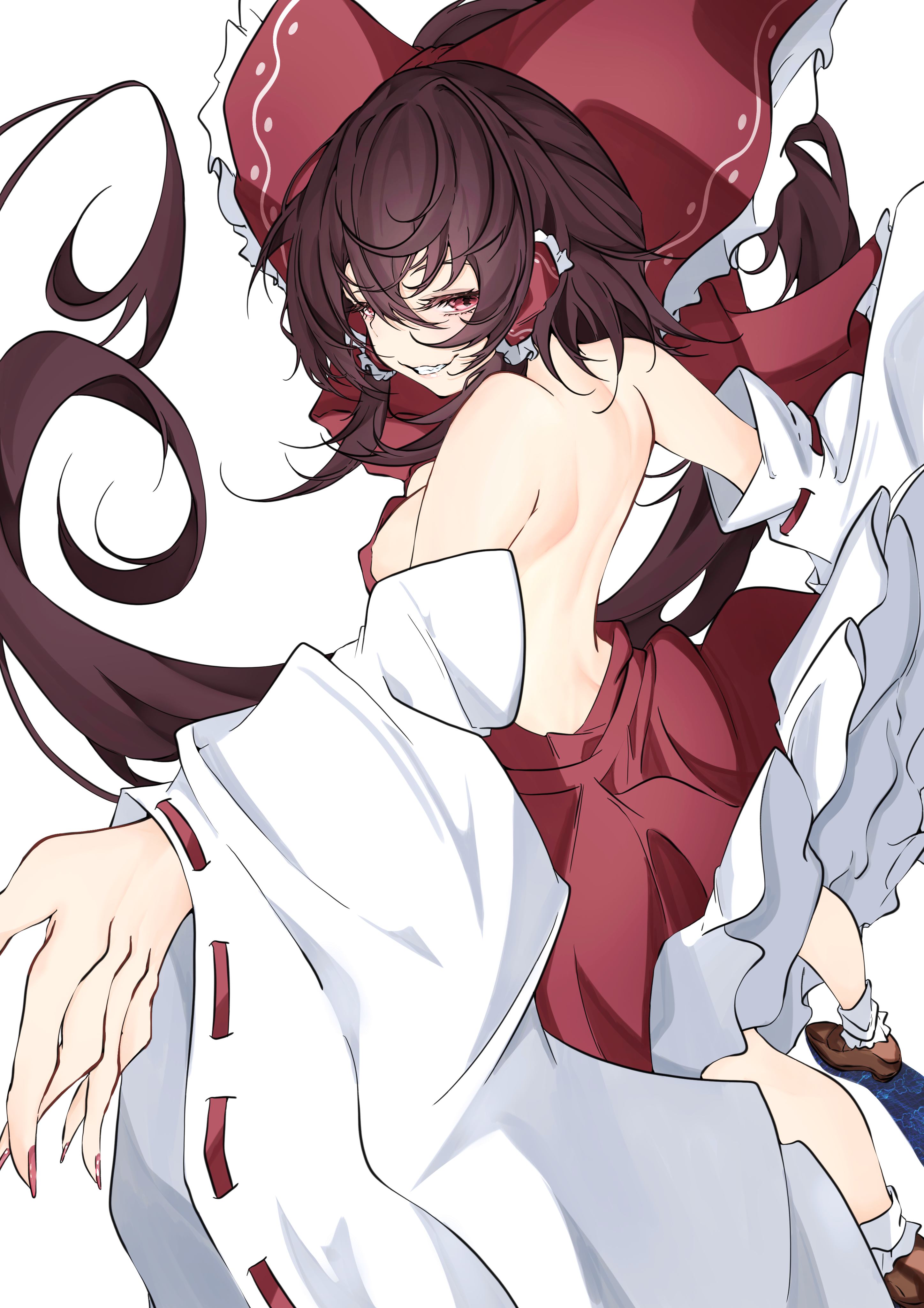 unanooo (fthx7532), hakurei reimu, touhou, absurdres, highres, 1girl, backless outfit, bow, breasts, brown hair, detached sleeves, fingernails, frilled bow, frilled hair tubes, frills, grin, hair between eyes, hair tubes, long hair, looking at viewer, looking to the side, median furrow, medium breasts, nail polish, red eyes, simple background, smile, socks, solo, very long hair, white background, white socks