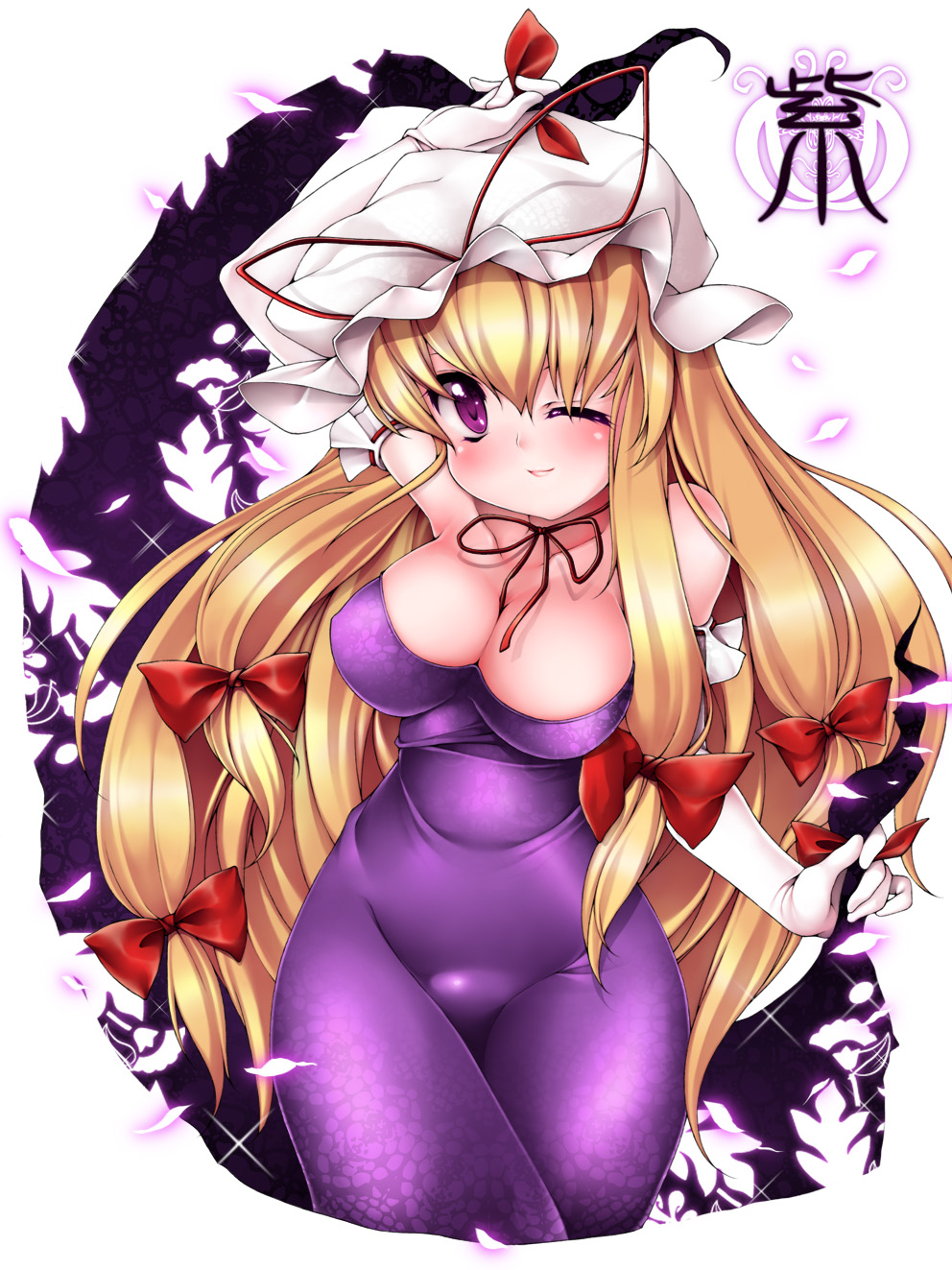 ren san, yakumo yukari, touhou, bad id, bad pixiv id, highres, 1girl, blonde hair, breasts, cleavage, elbow gloves, female focus, gap (touhou), gloves, hat, long hair, purple eyes, small breasts, solo, white gloves