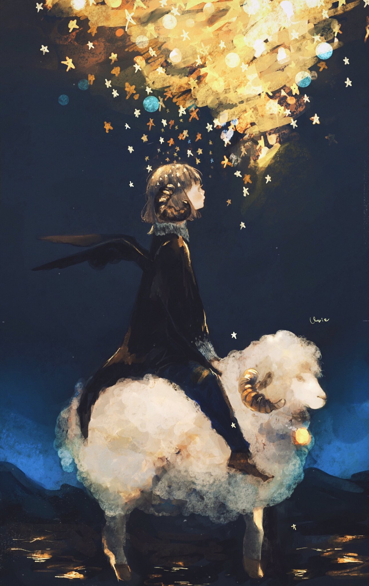 orie h, original, highres, 1girl, blush, brown hair, curled horns, horns, night, riding, riding animal, sheep, signature, star (symbol), wings