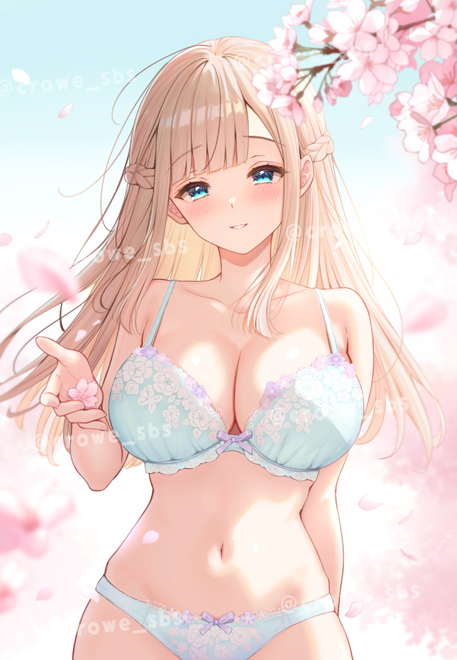 kuroe (sugarberry), original, commentary request, 1girl, aqua bra, aqua eyes, aqua panties, bare arms, blonde hair, blue sky, blunt bangs, bra, braid, breasts, cherry blossoms, cherry tree, cleavage, collarbone, comiket 107, day, large breasts, long hair, looking at viewer, navel, outdoors, panties, parted lips, sky, smile, solo, standing, underwear, underwear only, upper body, watermark