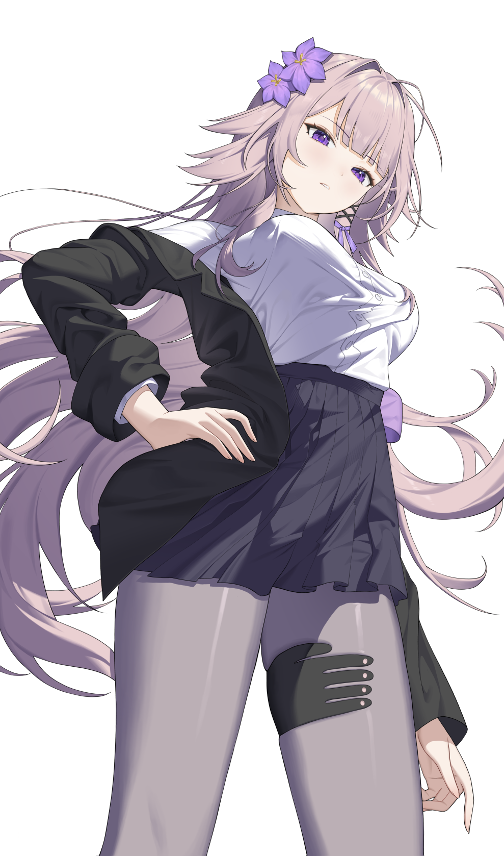 chyanu, herta (honkai: star rail), the herta (honkai: star rail), honkai: star rail, honkai (series), commentary, english commentary, highres, alternate costume, breasts, brown hair, flower, hair flower, hair ornament, hair ribbon, hand on own hip, jacket, long hair, looking down, medium breasts, off shoulder, pantyhose, pleated skirt, purple eyes, purple flower, ribbon, school uniform, shirt, skirt, thigh strap, very long hair, white background, white shirt, x hair ornament