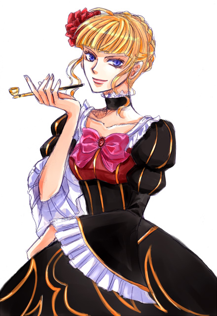 kaoru, beatrice (umineko), umineko no naku koro ni, bad id, bad pixiv id, 00s, 1girl, blonde hair, blue eyes, bow, choker, dress, female focus, flower, frills, kiseru, pink bow, ribbon, short hair, smile, smoking pipe, solo