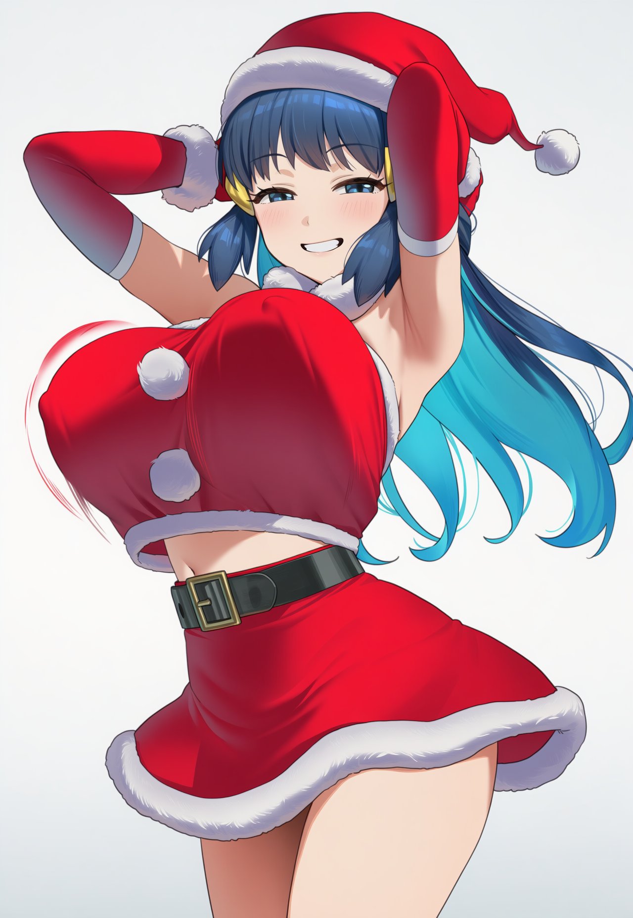 ueponzu, dawn (pokemon), nintendo, pokemon, highres, 1girl, blue eyes, blue hair, christmas, hat, long hair, looking at viewer, santa hat, simple background, smile, solo, standing, thighs