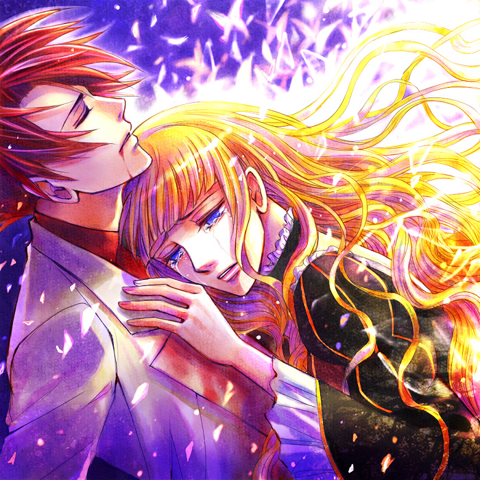 kaoru, beatrice (umineko), ushiromiya battler, umineko no naku koro ni, bad id, bad pixiv id, spoilers, 00s, blonde hair, blood, blue eyes, bug, butterfly, jacket, necktie, red hair, tears