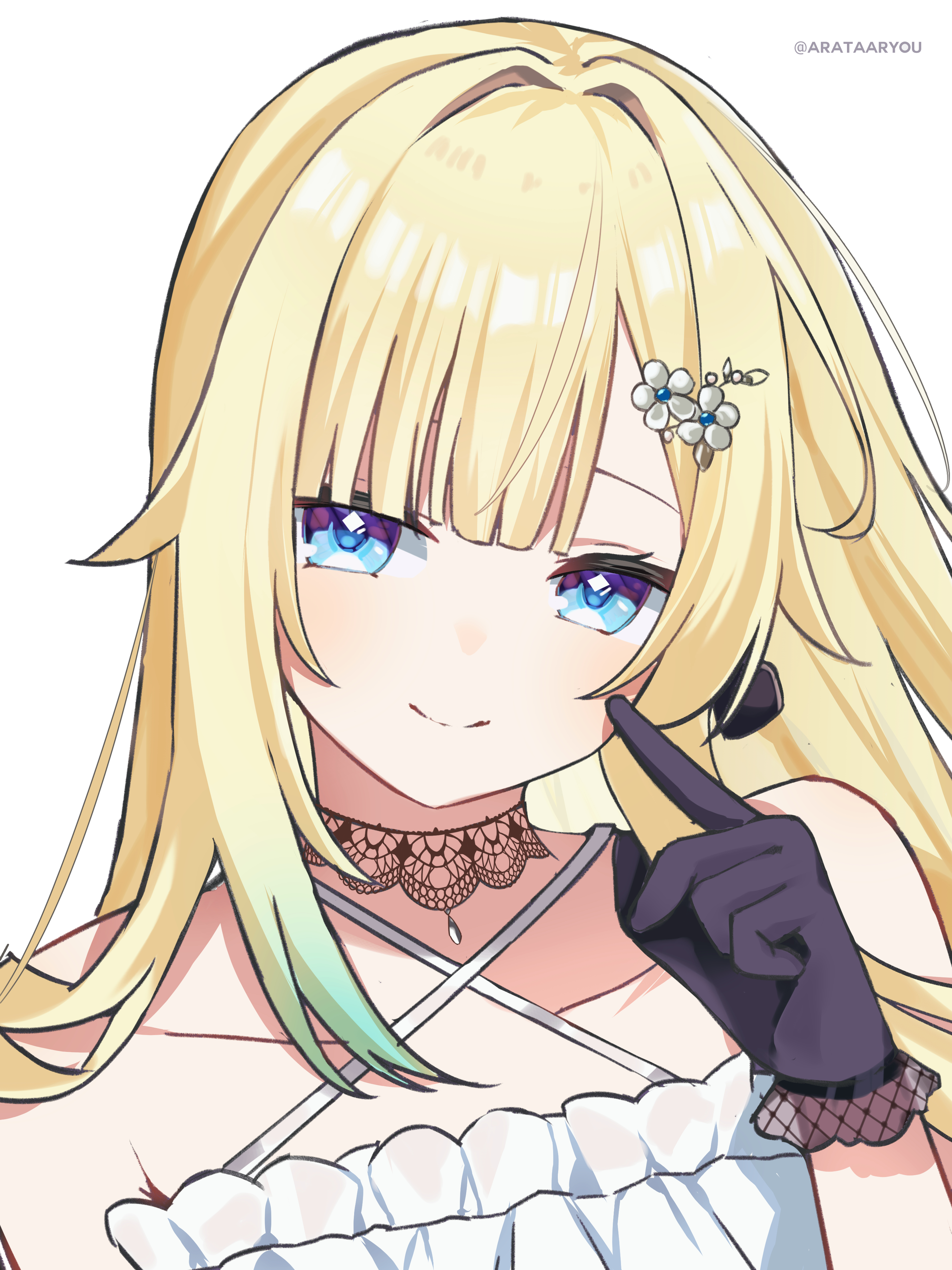 arata ryou, aizawa ema, vspo!, absurdres, commentary request, highres, 1girl, artist name, bare shoulders, black choker, black gloves, blonde hair, blue hair, choker, closed mouth, collarbone, dress, flower ornament, frilled dress, frills, gloves, gradient hair, green hair, hair intakes, halterneck, hand up, index finger raised, lace, lace-trimmed gloves, lace choker, lace trim, long hair, looking at viewer, multicolored hair, parted bangs, pointing, pointing at self, simple background, sleeveless, sleeveless dress, smile, solo, upper body, virtual youtuber, white background, white dress