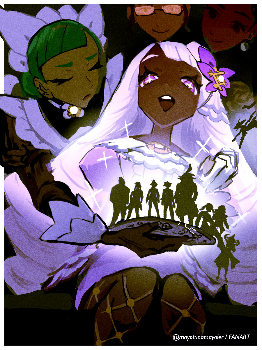 mayotsunamayo, jacinthe (pokemon), lebanne (pokemon), nintendo, pokemon, pokemon legends: z-a, commentary request, highres, + +, 2girls, :d, border, closed eyes, closed mouth, dark-skinned female, dark skin, dress, eyelashes, fishnet pantyhose, fishnets, french commentary, gloves, glowing, green hair, headdress, multiple girls, open mouth, outside border, pantyhose, purple dress, purple eyes, silhouette, smile, teeth, tilted headwear, twitter username, upper teeth only, white border, white gloves