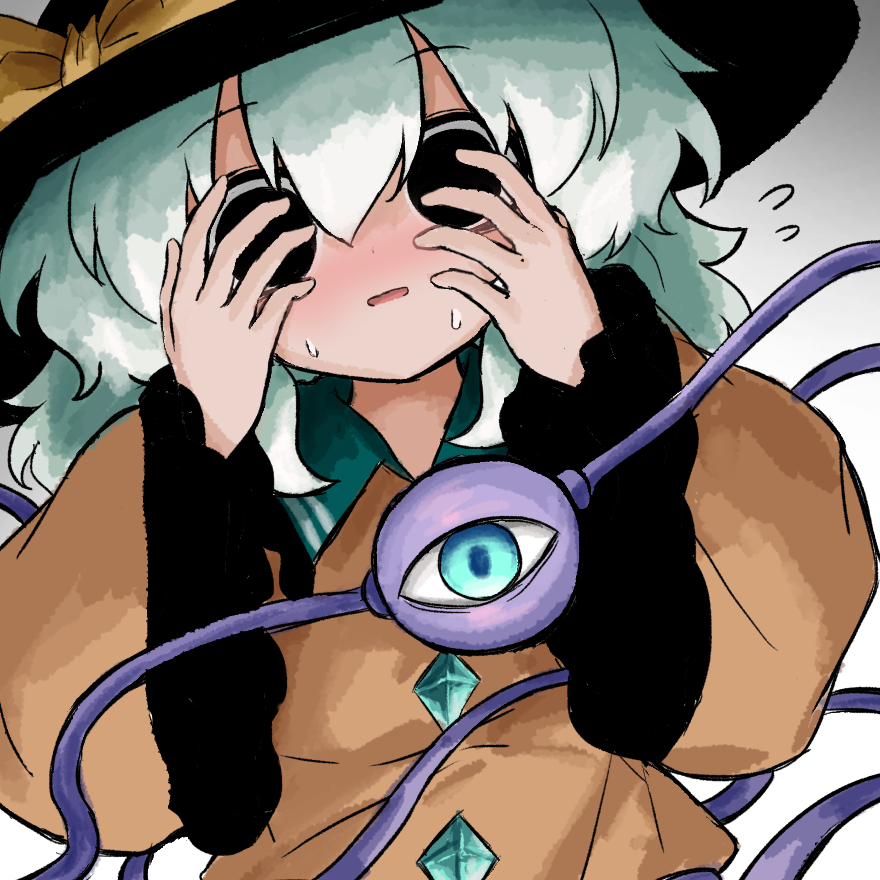 heripantomorrow, komeiji koishi, touhou, 1girl, black eyes, black hat, blue eyes, blush, buttons, covering own eyes, diamond button, eyeball, flying sweatdrops, frilled shirt collar, frilled sleeves, frills, green hair, hat, hat ribbon, ribbon, shirt, sweat, third eye, white background, wide sleeves, yellow ribbon, yellow shirt