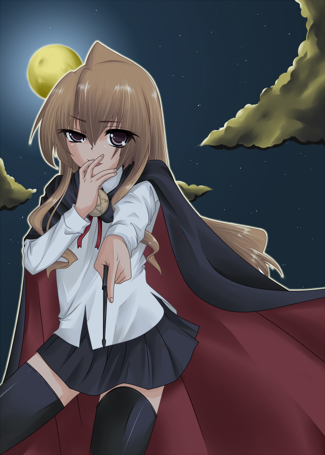 el (artist), el (canon jihad), aisaka taiga, kugimiya rie, louise francoise le blanc de la valliere, toradora!, zero no tsukaima, bad id, bad pixiv id, 1girl, brown eyes, brown hair, cape, cosplay, female focus, long hair, louise francoise le blanc de la valliere (cosplay), moon, night, pentacle, solo, thighhighs, voice actor connection, wand