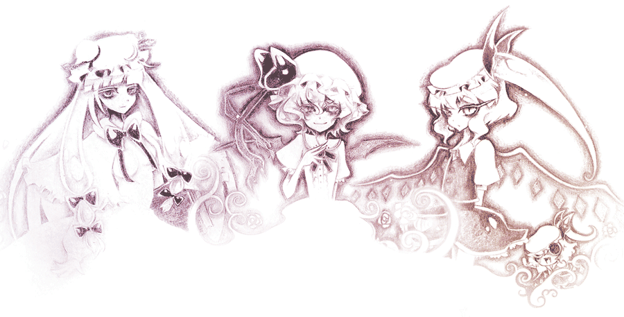 hoshi nawoki, nawoki, flandre scarlet, patchouli knowledge, remilia scarlet, embodiment of scarlet devil, touhou, bad id, bad pixiv id, colored pencil (medium), traditional media, 3girls, female focus, monochrome, multiple girls, purple theme