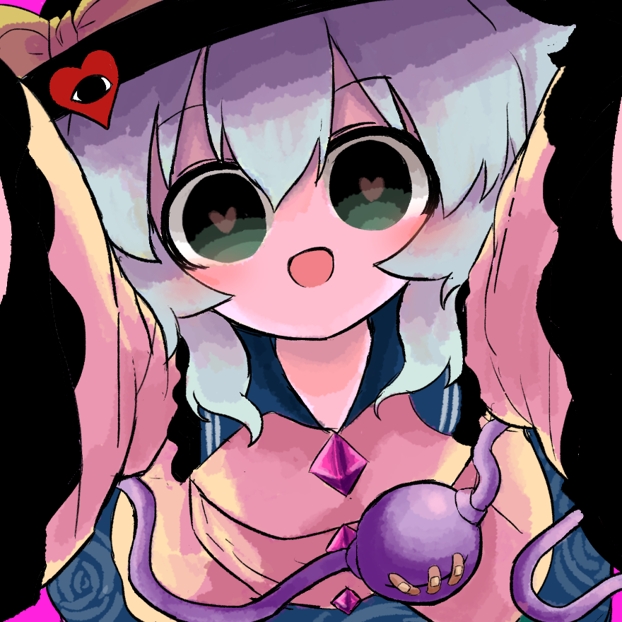 heripantomorrow, komeiji koishi, touhou, 1girl, :d, bandaid, black eyes, black hat, bow, buttons, collared shirt, diamond button, floral print, frilled shirt collar, frilled sleeves, frills, green eyes, green hair, green skirt, hat, hat bow, heart, heart-shaped pupils, looking up, medium hair, open mouth, rose print, shirt, skirt, smile, solo, symbol-shaped pupils, third eye, yellow bow, yellow shirt