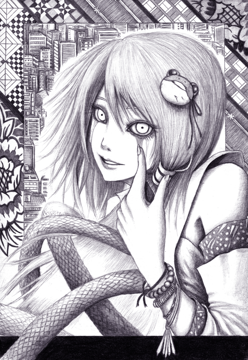 hane (azelye), kochiya sanae, touhou, framed, bad id, bad pixiv id, graphite (medium), highres, traditional media, 1girl, bracelet, city, female focus, jewelry, lipstick, makeup, monochrome, purple theme, smile, snake, solo, tears