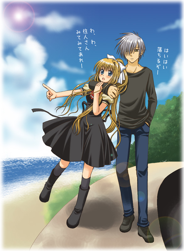 hanyuu (artist), hanyuu shion, kamio misuzu, kunisaki yukito, air (visual novel), silver hair, translated, 00s, 1boy, 1girl, beach, blonde hair, blue eyes, day, hair over one eye, lens flare, long hair, pointing, ponytail, school uniform, short hair
