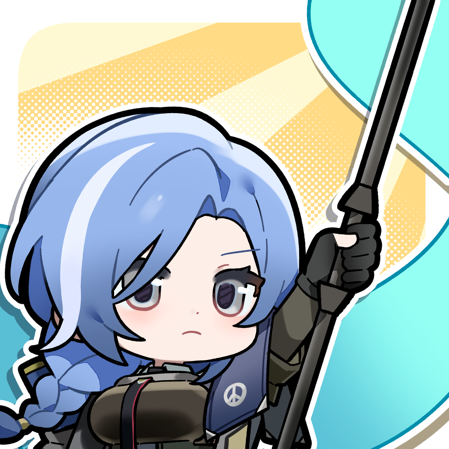 dp-12 (girls' frontline), helen (girls' frontline 2), girls' frontline, girls' frontline 2: exilium, artist request, highres, official art, second-party source, 1girl, banner, black gloves, blue hair, braid, braided ponytail, chibi, chibi only, gloves, grey eyes, holding banner, solo