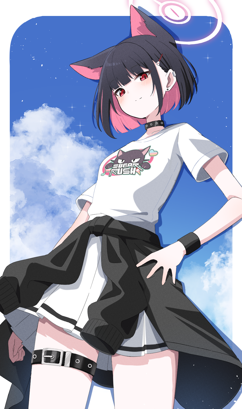 sasanoha (sasanoha0712), kazusa (band) (blue archive), kazusa (blue archive), blue archive, highres, 1girl, animal ears, belt, black choker, cat ears, cat girl, choker, clothes around waist, colored inner animal ears, colored inner hair, extra ears, halo, hand on own hip, jacket, jacket around waist, multicolored hair, pink halo, print shirt, red eyes, shirt, smile, solo, thigh belt, thigh strap, two-tone hair