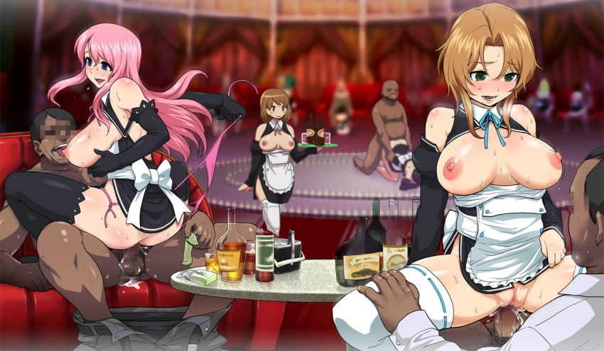 isako rokurou, futaba riho, mio (dream c club), nao (dream c club), rui (dream c club), dream c club, black legwear, white legwear, alcohol, ass, bare shoulders, bent over, blurry, blush, bottomless, breast sucking, breastless clothes, breasts, breasts out, brown hair, censored, censored identity, condom, cowgirl position, cum, cum in pussy, dark-skinned male, depth of field, doggystyle, fat man, from behind, girl on top, green eyes, group sex, interracial, large breasts, long hair, maid, nipples, penis, pink hair, prostitution, purple eyes, pussy, sex, short hair, smile, spread legs, straddling, sweat, testicles, thighhighs, torso grab, upright straddle, vaginal, waitress